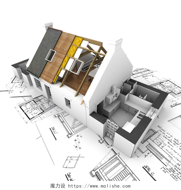建筑草图上的房屋模型房子与顶板暴露的层和计划